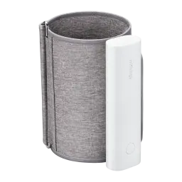 Nokia Tensiomètre BPM Connect Wi-Fi blanc, vue latérale droite: brassard gris ouvert en forme cylindrique avec module latéral