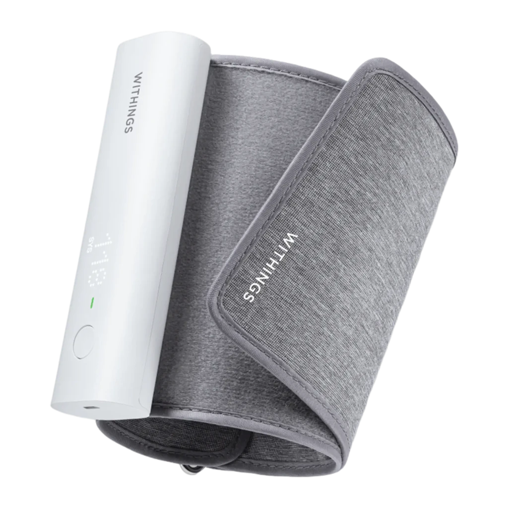 Nokia Tensiomètre BPM Connect Wi-Fi blanc, vue de face: module blanc avec écran LED et brassard gris déplié - Ítem2