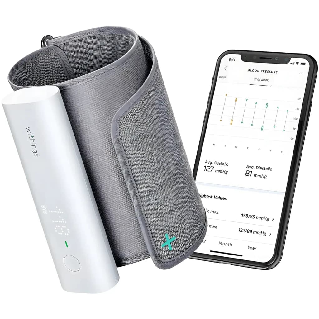 Nokia Tensiomètre BPM Connect Wi-Fi blanc, vue latérale: unité blanche avec brassard gris et app pression artérielle sur