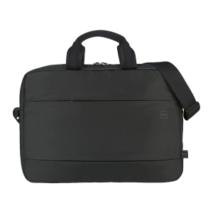 Tucano Global Notebooktasche 15.6-16 negro, vista frontal: asa doble, bandolera lateral y logo eco en tejido liso