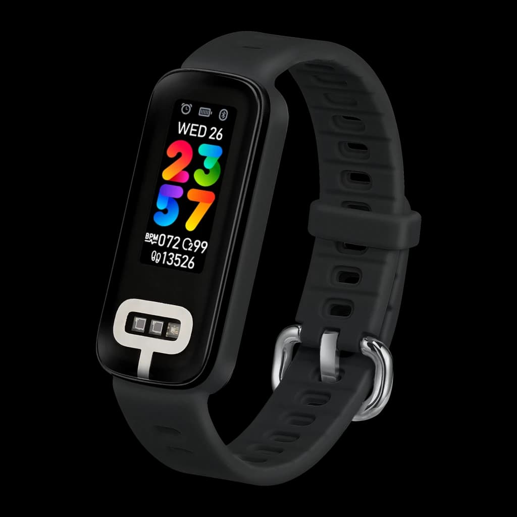 ASUS VivoWatch 6 Aero Preto, vista frontal em ângulo: ecrã colorido com hora, BPM e sensores visíveis na bracelete preta
