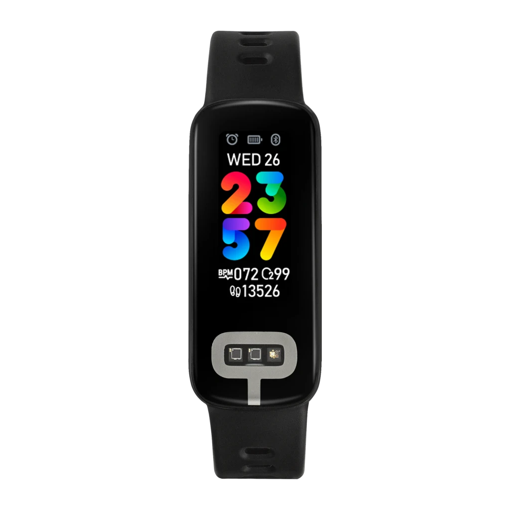 ASUS VivoWatch 6 Aero Negro, vista en ángulo frontal: pantalla a color con hora, BPM y sensores visibles en correa negra - Ítem1