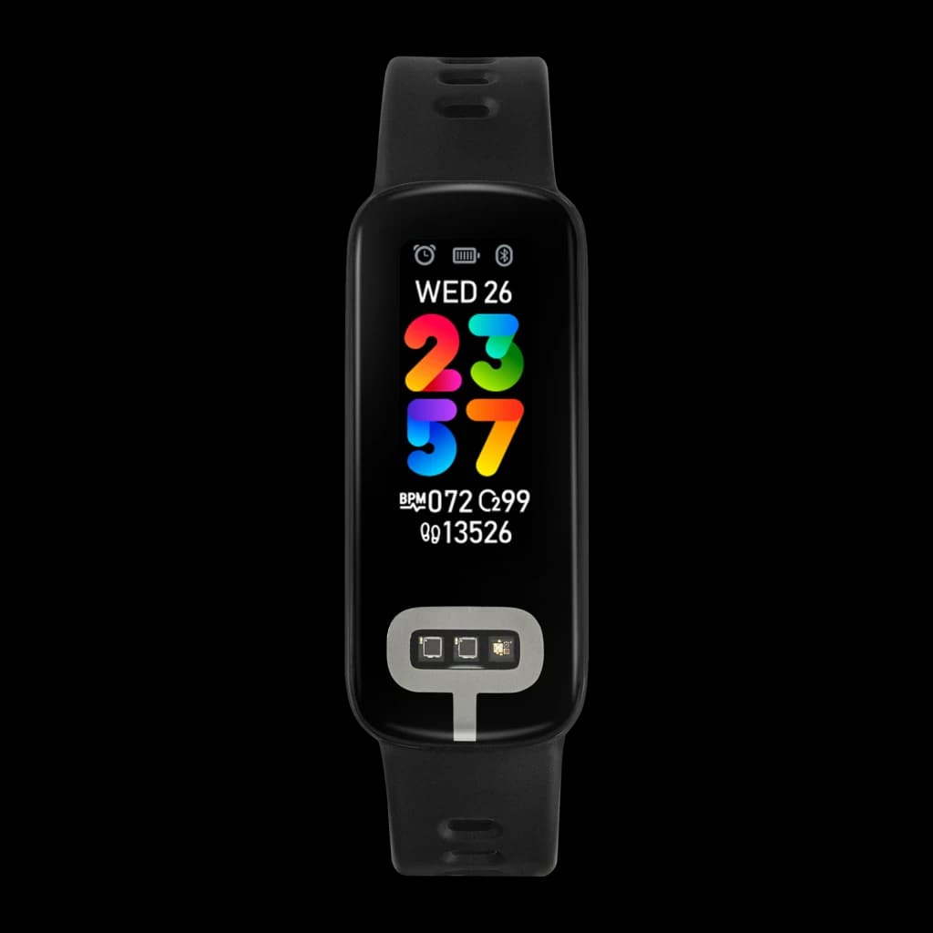 ASUS VivoWatch 6 Aero Preto, vista frontal: ecrã colorido com hora, BPM e passos, sensor de saúde visível abaixo