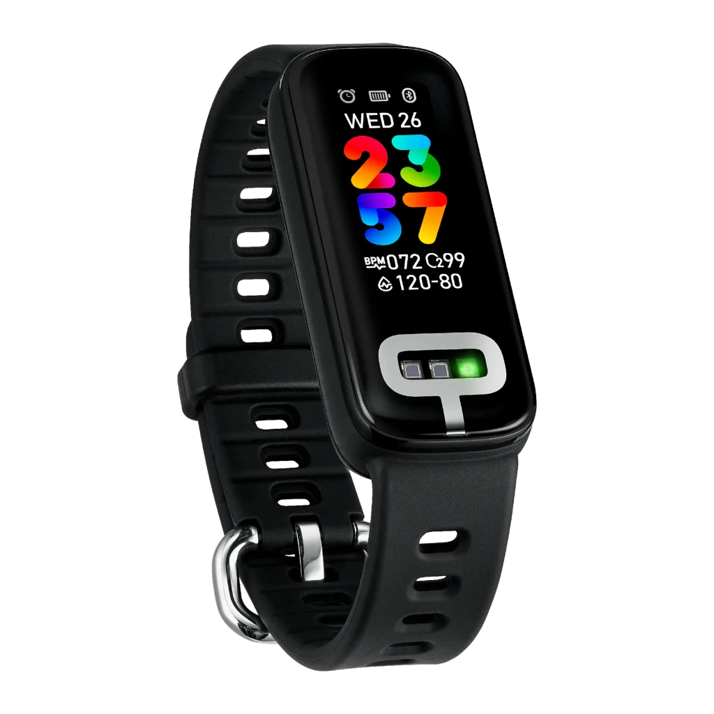 ASUS VivoWatch 6 Aero Negro, vista en ángulo frontal: pantalla a color con hora, BPM y sensores visibles en correa negra - Ítem2