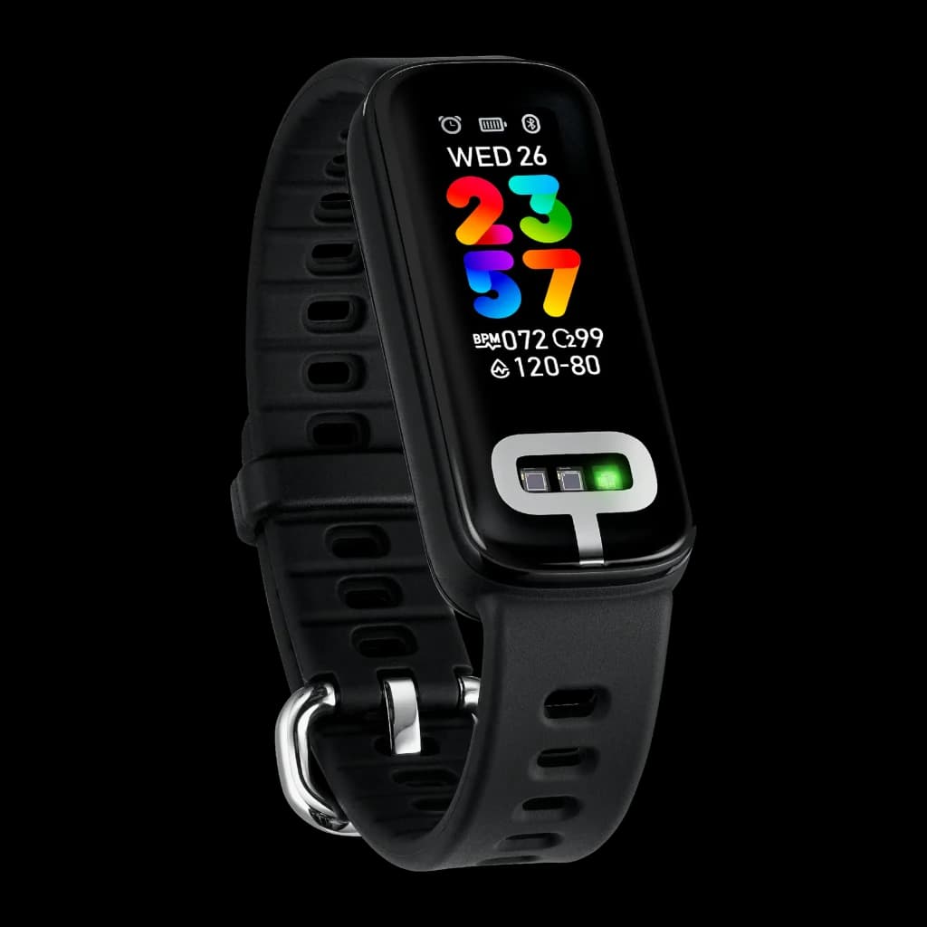 ASUS VivoWatch 6 Aero preto, vista frontal em ângulo: ecrã colorido com hora, BPM e sensor óptico verde visível