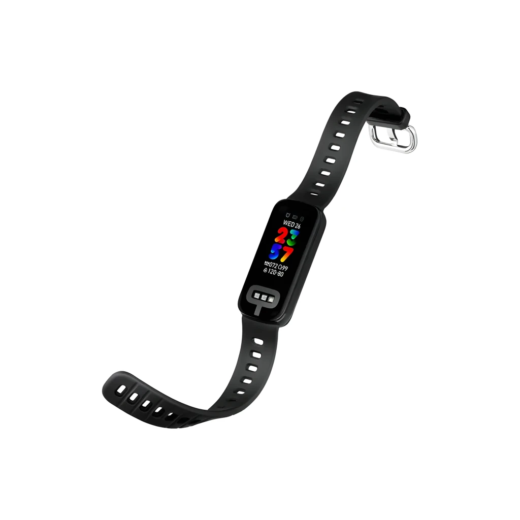 ASUS VivoWatch 6 Aero Negro, vista en ángulo frontal: pantalla a color con hora, BPM y sensores visibles en correa negra - Ítem3