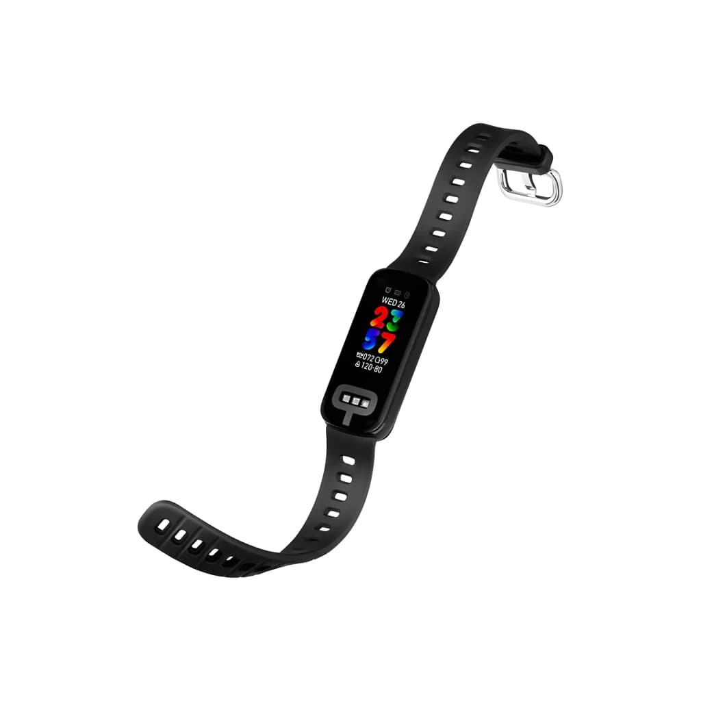 ASUS VivoWatch 6 Aero preto, vista diagonal: pulseira preta perfurada aberta, ecrã colorido com data e dados de saúde