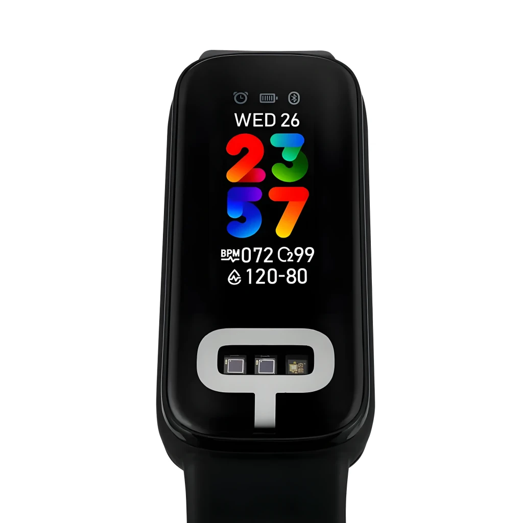 ASUS VivoWatch 6 Aero Negro, vista en ángulo frontal: pantalla a color con hora, BPM y sensores visibles en correa negra - Ítem4