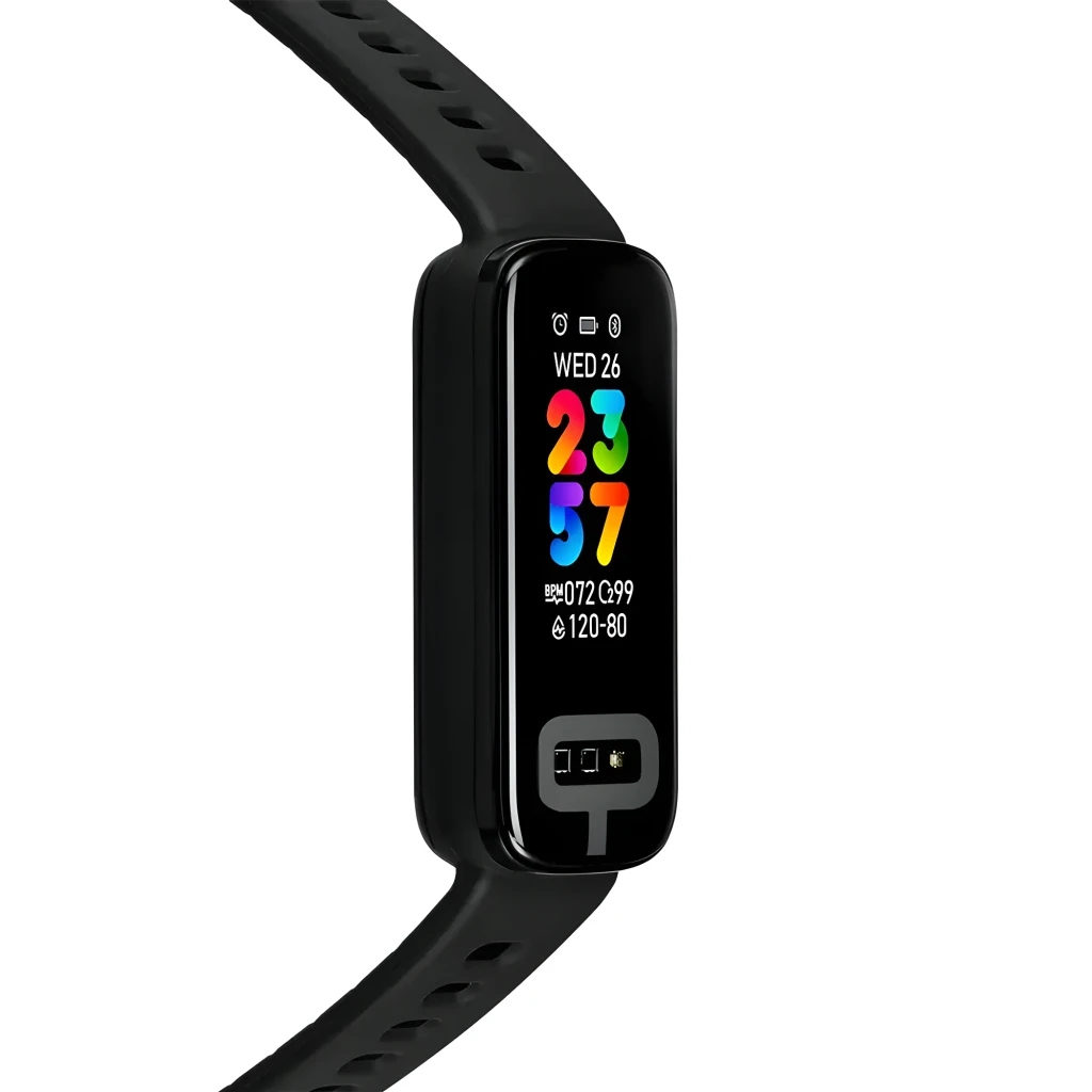 ASUS VivoWatch 6 Aero Negro, vista en ángulo frontal: pantalla a color con hora, BPM y sensores visibles en correa negra - Ítem5