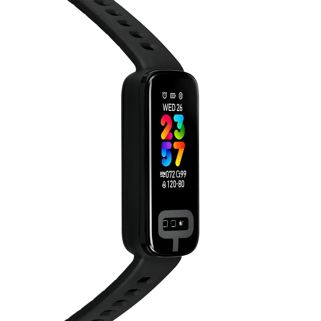 ASUS VivoWatch 6 Aero preto, vista lateral: ecrã AMOLED colorido com hora, sensores na pulseira preta perfurada