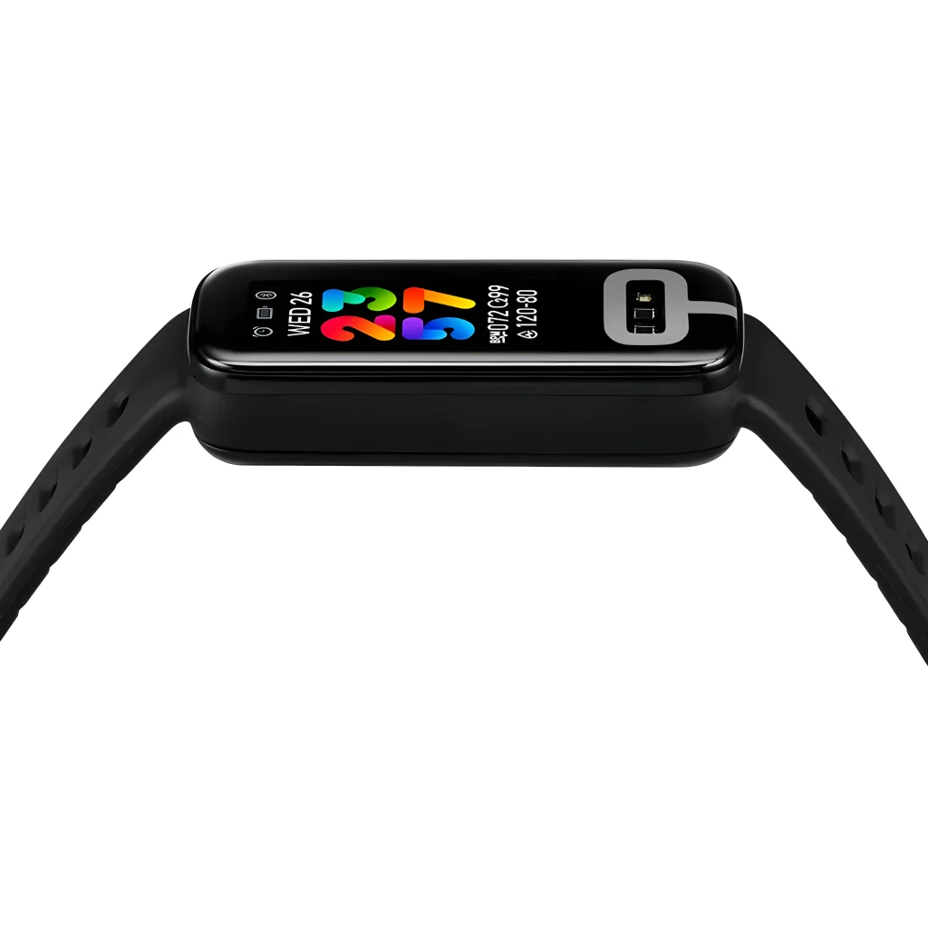 ASUS VivoWatch 6 Aero Negro, vista en ángulo frontal: pantalla a color con hora, BPM y sensores visibles en correa negra - Ítem6