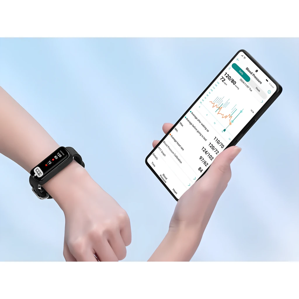 ASUS VivoWatch 6 Aero Negro, vista en ángulo frontal: pantalla a color con hora, BPM y sensores visibles en correa negra - Ítem8