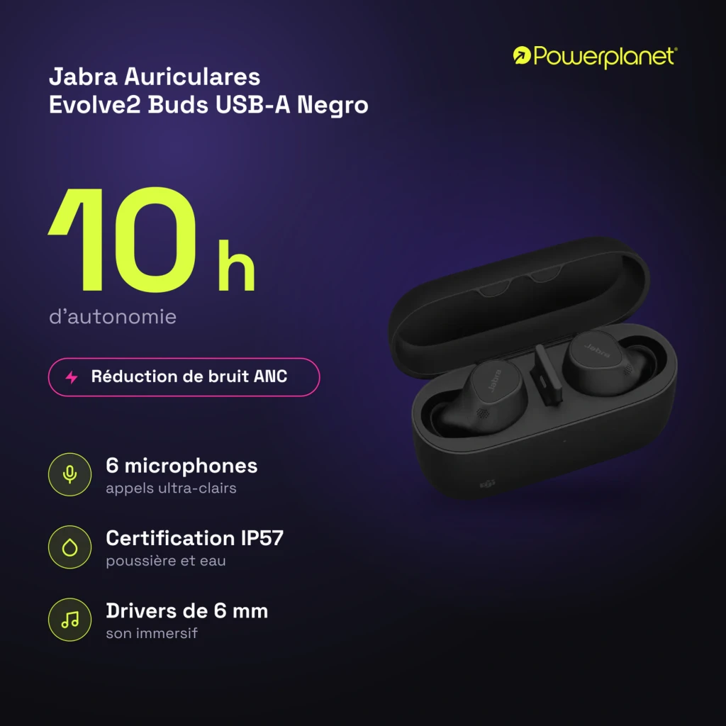 Jabra Evolve2 Buds USB-A Noir, vue en perspective: écouteurs dans l'étui de charge ouvert, logo Jabra visible sur chaque - Ítem7
