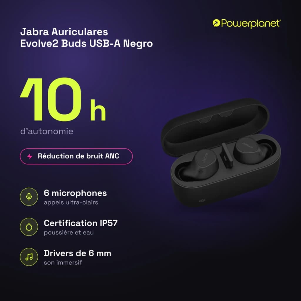 Jabra Auriculares Evolve2 Buds USB-A Negro - caractéristiques