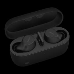 Jabra Evolve2 Buds USB-A Noir, vue en perspective: écouteurs dans l'étui de charge ouvert, logo Jabra visible sur chaque