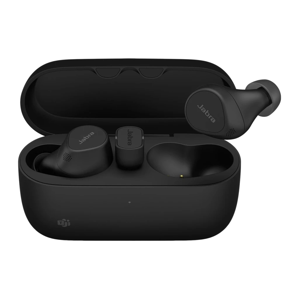 Jabra Evolve2 Buds USB-A Noir, vue en perspective: écouteurs dans l'étui de charge ouvert, logo Jabra visible sur chaque - Ítem1
