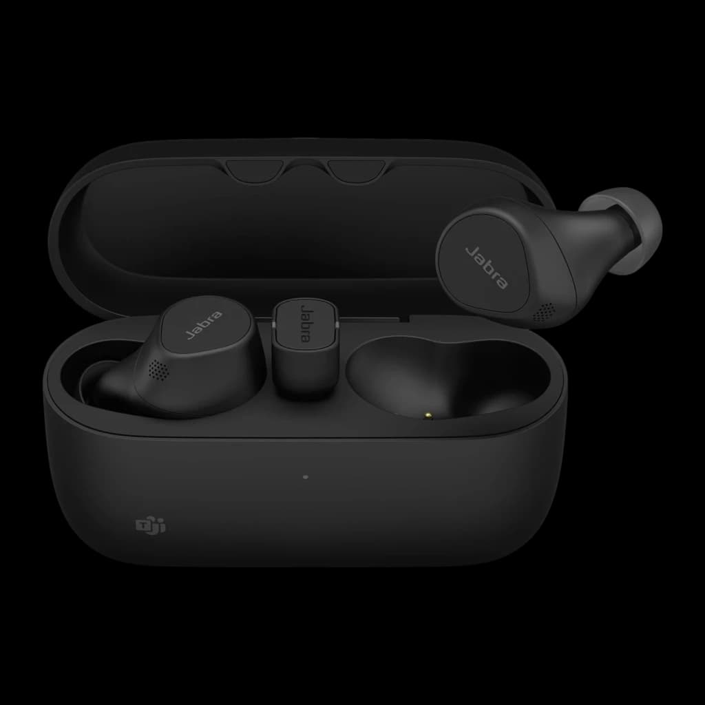 Jabra Evolve2 Buds USB-A noir, vue de face: étui ouvert avec écouteurs à l'intérieur et un sorti montrant le logo Jabra