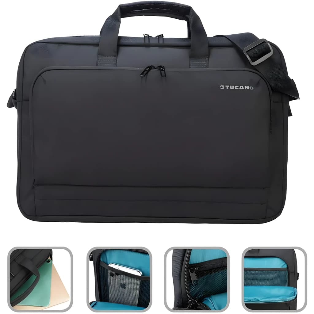 Tucano Mallette Star 15,6" noir, vue avant et détails: poignée, bandoulière, poches extérieures et intérieur turquoise
