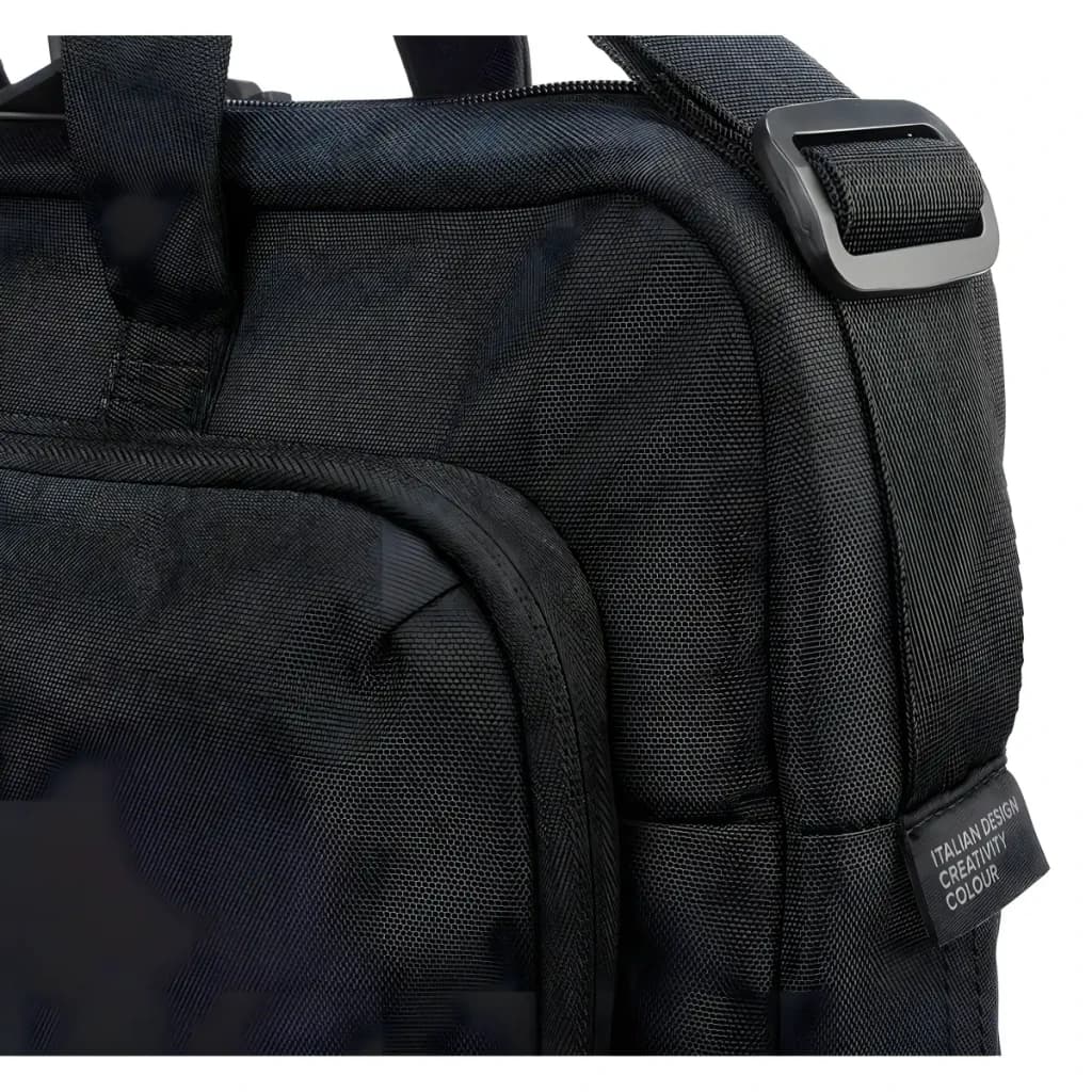 Tucano Mallette Star 15,6 pouces noir, détail: sangle réglable, boucle et étiquette Italian Design sur tissu nylon
