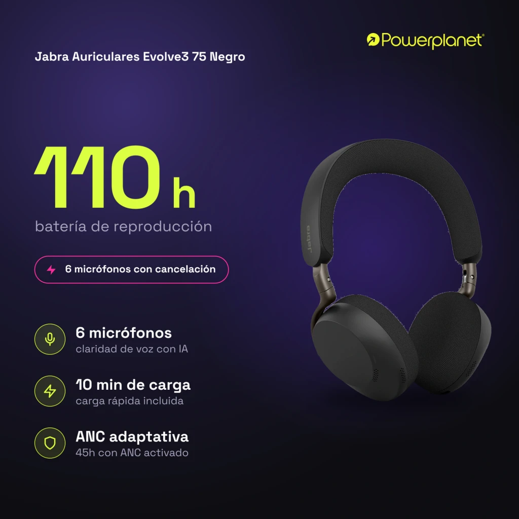 Jabra Evolve3 75 negro, vista frontal: auriculares over-ear con diadema acolchada y almohadillas circulares - Ítem4