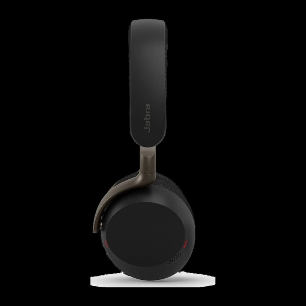 Jabra Evolve3 75 noir, vue latérale: coussin droit avec serre-tête vertical et connecteur métallique