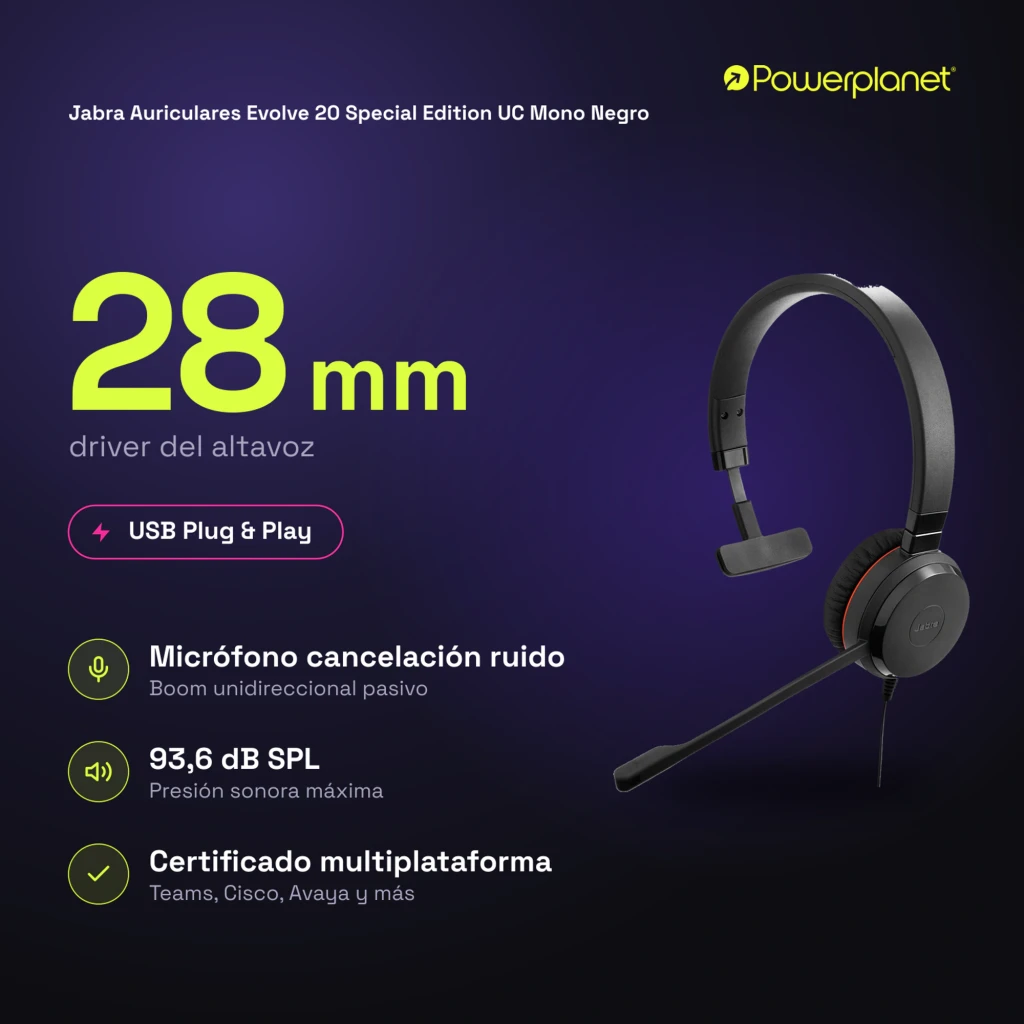 Jabra Evolve 20 Special Edition UC Mono Negro, accesorios: auricular con cables y adaptadores incluidos - Ítem6