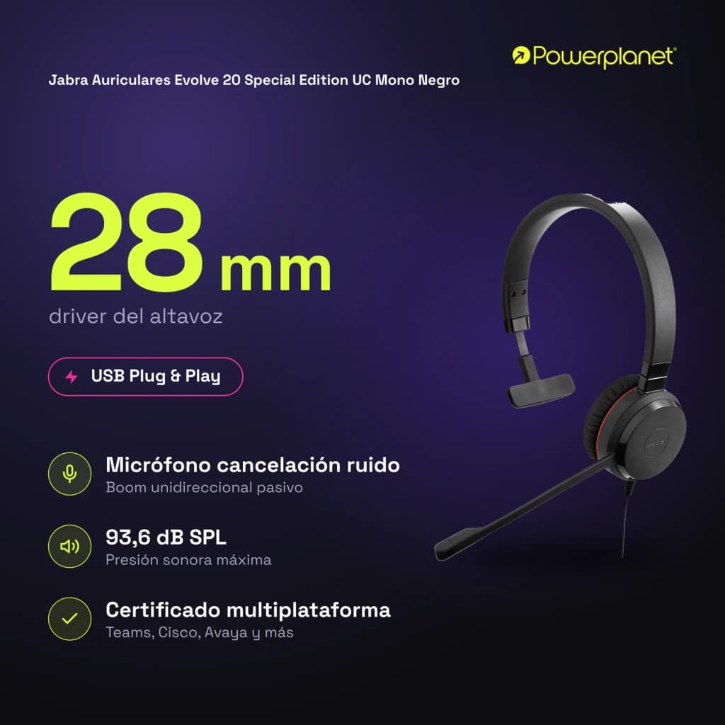 Jabra Auriculares Evolve 20 Special Edition UC Mono Negro - caractéristiques