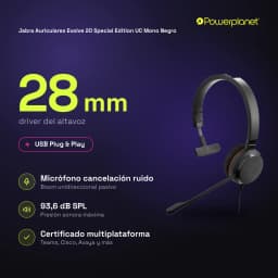 Jabra Auriculares Evolve 20 Special Edition UC Mono Negro - caractéristiques