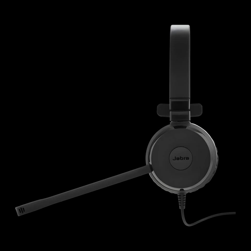 Jabra Evolve 20 SE UC Mono noir, vue latérale: écouteur unique avec microphone boom déployé et logo Jabra visible