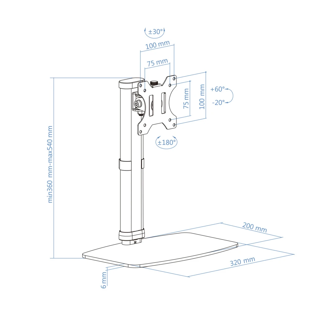 TooQ DB1127TN-B Bras Moniteur 17-27 pouces Blanc, vue latérale: colonne verticale, support VESA et base arrondie sur fond - Ítem4