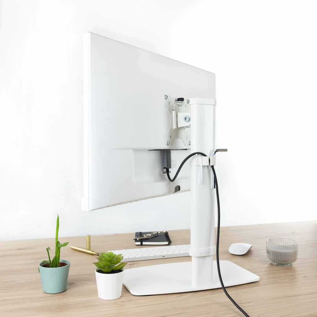 TooQ DB1127TN-B Bras Moniteur 17-27 pouces Blanc, vue latérale: colonne verticale, support VESA et base arrondie sur fond - Ítem7