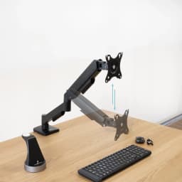 TooQ Support moniteur DB1733TNR-B 17-32" noir, vue latérale: bras articulé sur bureau avec flèche bleue indiquant le réglage