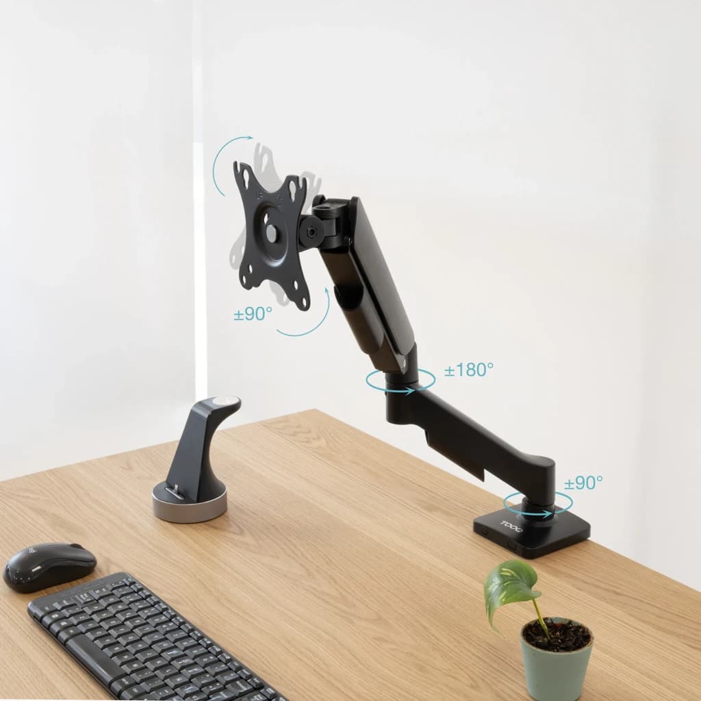 TooQ Support bureau moniteur DB1733TNR-B noir, vue latérale: bras articulé sur bureau avec angles de rotation ±90° et ±180°