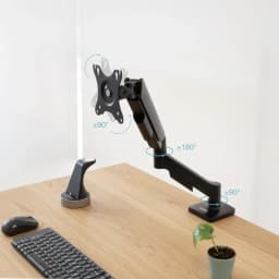 TooQ Support bureau moniteur DB1733TNR-B noir, vue latérale: bras articulé sur bureau avec angles de rotation ±90° et ±180°