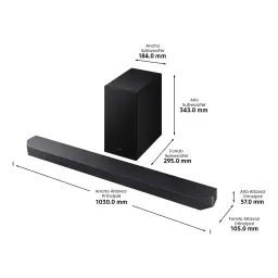 Samsung Barra de som HW-Q600F Preto, diagrama de dimensões: barra 1030x57x105mm e subwoofer 184x343x295mm