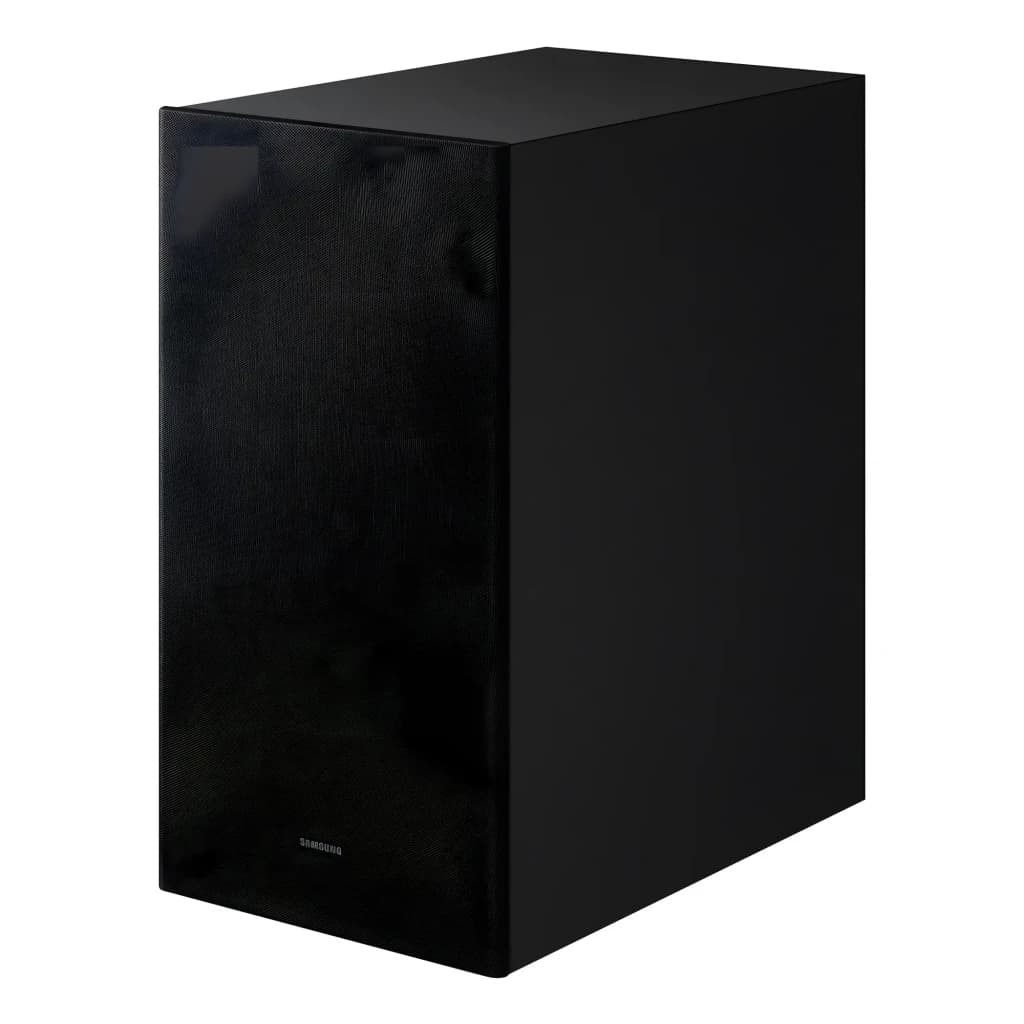Samsung HW-Q600F preto, subwoofer sem fios em ângulo: grelha frontal de tecido e lateral lisa brilhante
