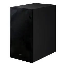 Samsung HW-Q600F preto, subwoofer sem fios em ângulo: grelha frontal de tecido e lateral lisa brilhante