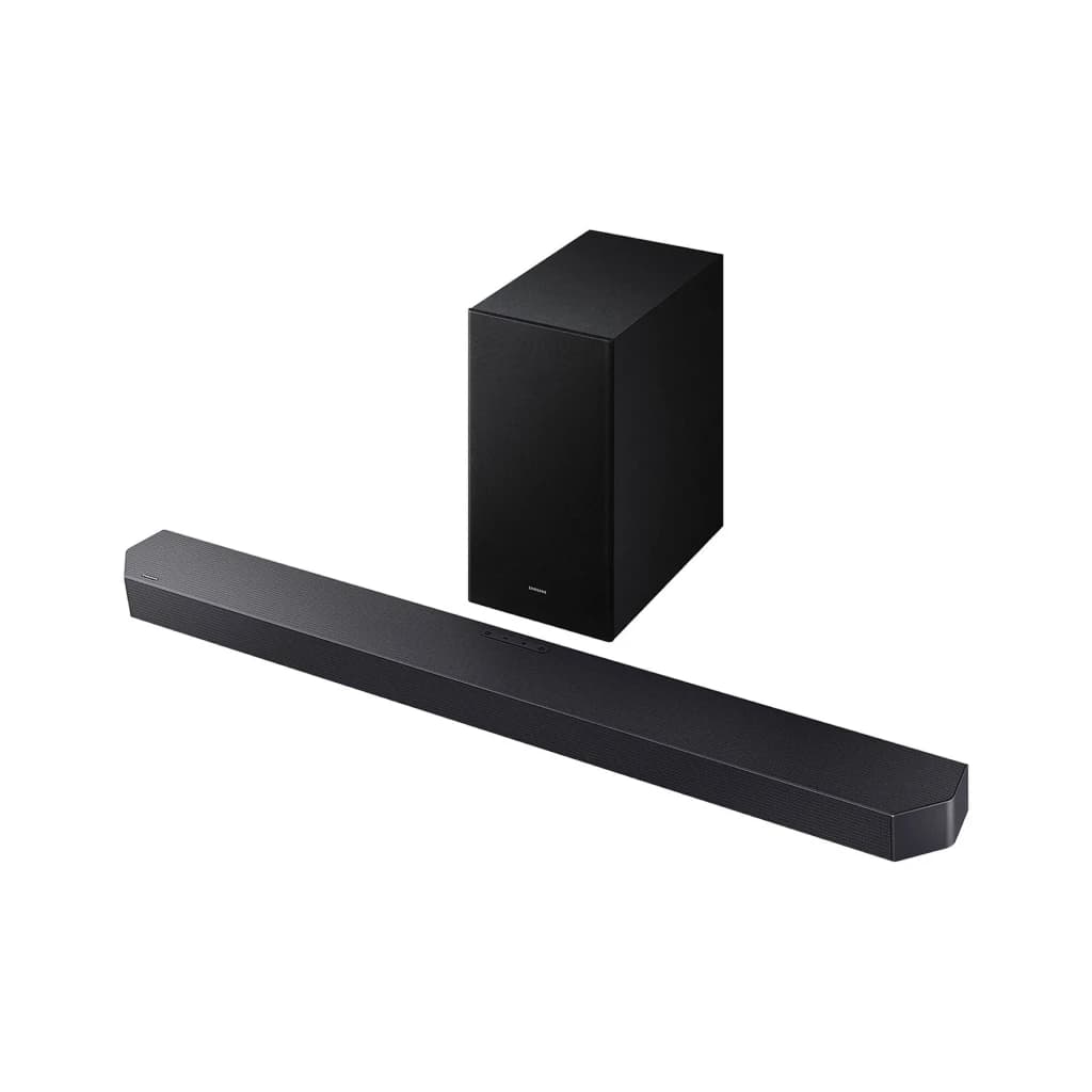 Samsung Barra de som HW-Q600F Preto, cena Q-Symphony: barra sob TV com ondas de som envolventes em sala