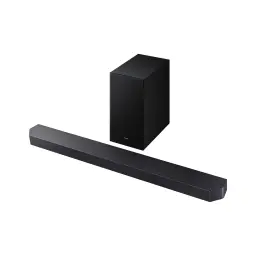 Samsung Barra de som HW-Q600F Preto, cena Q-Symphony: barra sob TV com ondas de som envolventes em sala