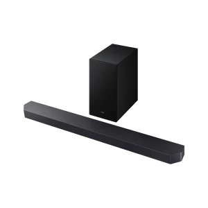 Samsung Barra de som HW-Q600F Preto, cena Q-Symphony: barra sob TV com ondas de som envolventes em sala