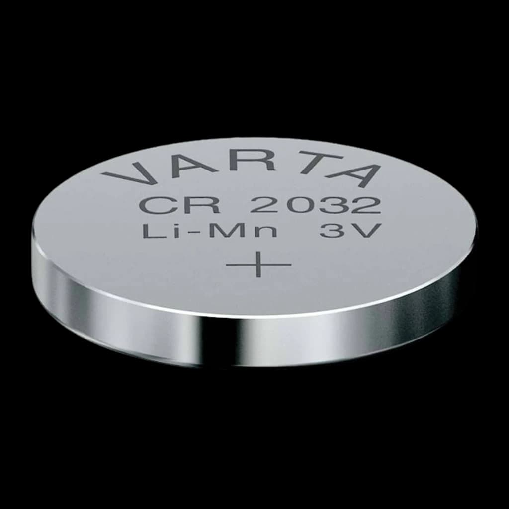 Varta CR2032 Lítio prateada, vista frontal em ângulo: face superior com marca, modelo, Li-Mn 3V e polo positivo