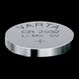 Varta CR2032 Lítio prateada, vista frontal em ângulo: face superior com marca, modelo, Li-Mn 3V e polo positivo