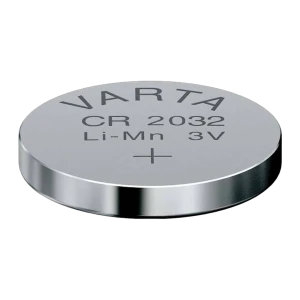 Varta CR2032 Lítio prateada, vista frontal em ângulo: face superior com marca, modelo, Li-Mn 3V e polo positivo