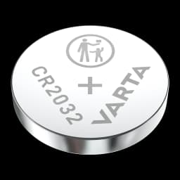 Varta CR2032 Lítio prateada, vista em ângulo face negativa: espessura da borda metálica, CR2032, VARTA e ícone infantil