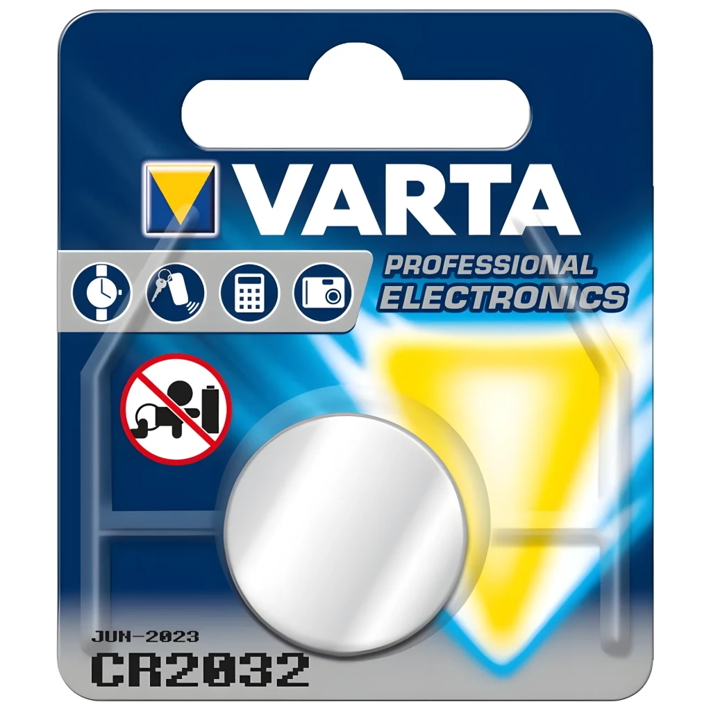 Varta CR2032 Lítio prateada, vista frontal em ângulo: face superior com marca, modelo, Li-Mn 3V e polo positivo - Item3
