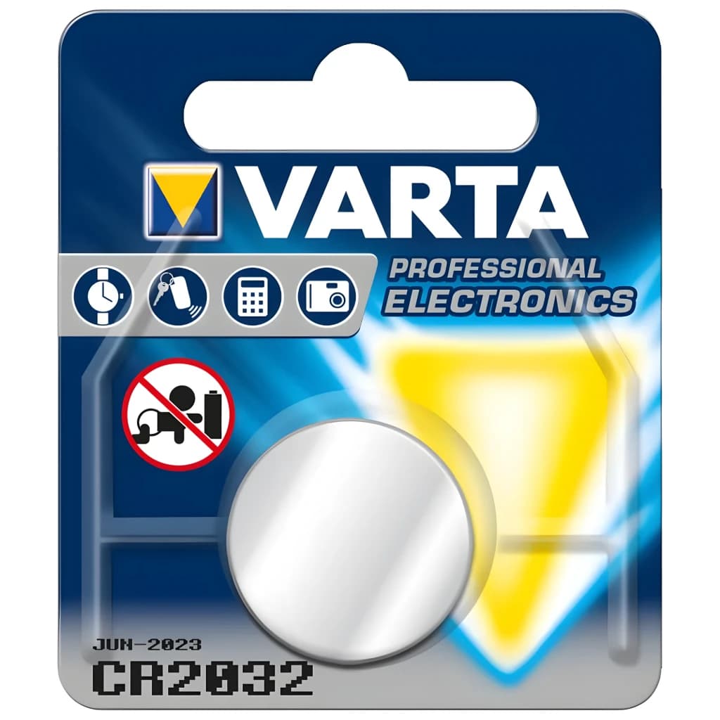 Varta Pilha de botão CR2032 Lítio prateada, blister frontal: embalagem azul com 1 pilha metálica circular e modelo CR2032