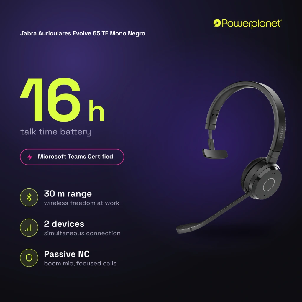 Jabra Evolve 65 TE Mono negro, vista lateral: auricular monoaural con micrófono boom y cable USB-A a USB-C - Ítem8