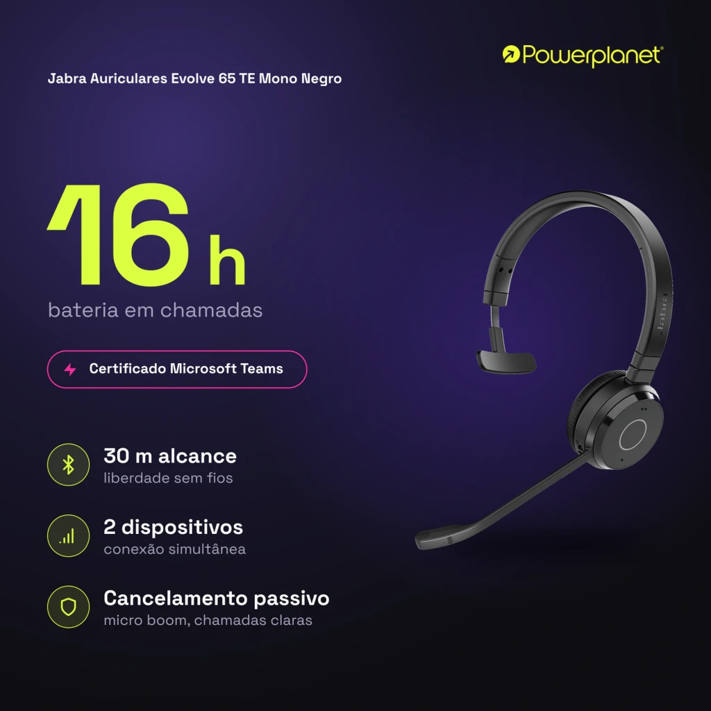 Jabra Evolve 65 TE Mono negro, vista lateral: auricular monoaural con micrófono boom y cable USB-A a USB-C - Ítem6