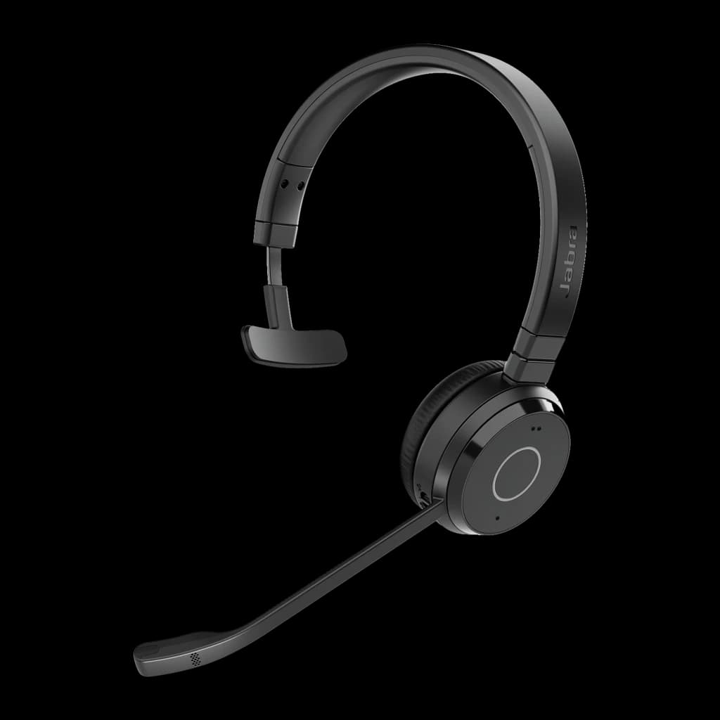 Jabra Evolve 65 TE Mono Negro, vista lateral: auricular monoaural con diadema y micrófono flexible