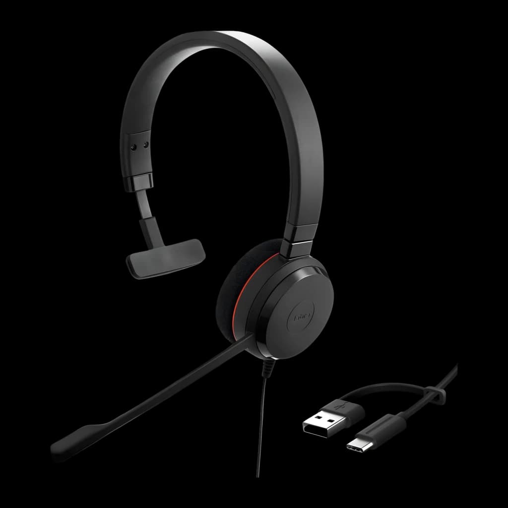Jabra Evolve 65 TE Mono negro, vista lateral: auricular monoaural con micrófono boom y cable USB-A a USB-C